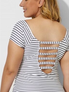 Striped White & Black One-Piece Swimsuit with Ladder Back